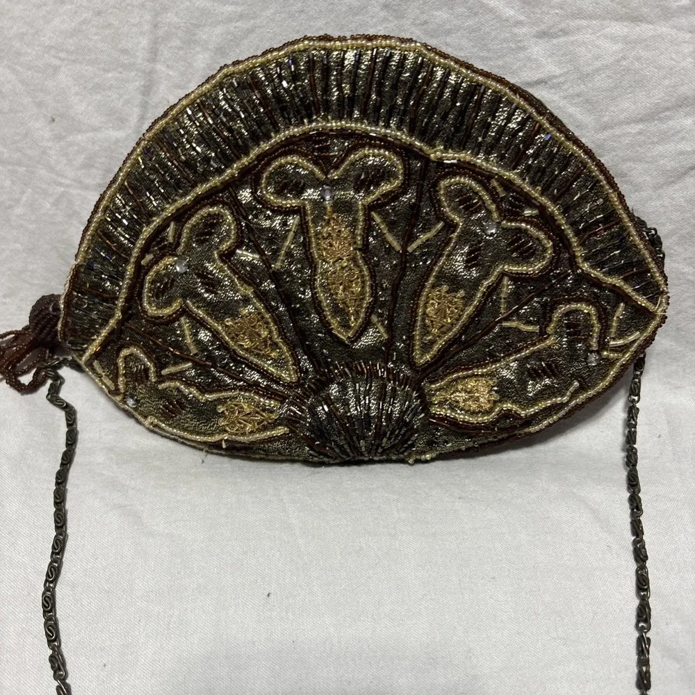 Vintage Beaded Evening Bag Clutch Purse Chain Strap Brown Gold Party‎ Crossbody